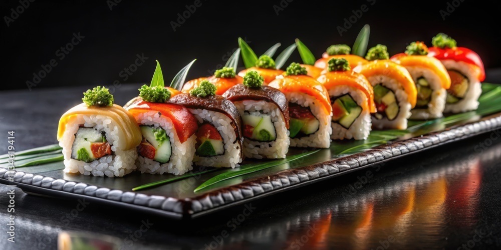 Sushi rolls beautifully arranged on a sleek black platter, Japanese food, traditional, fresh, sushi, seafood, Asian cuisine Sushi rolls beautifully arranged on a sleek black platter, Japanese food, traditional, fresh, sushi, seafood, Asian cuisine