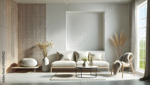 Neutral Elegance: Modern Living Room Interior with Natural Light.