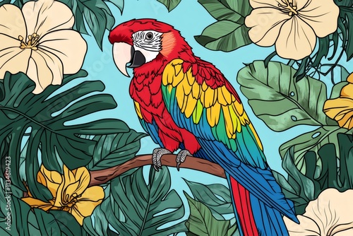 Vibrant illustration showcasing a colorful parrot perched on a branch amidst lush tropical foliage and flowers, creating a lively and exotic scene photo