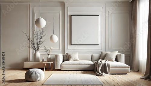 Beige Minimalist Living Room with Spherical Lighting and Blank Artwork.