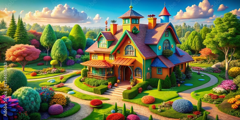 Obraz premium Aerial View of a Colorful Cartoon House Surrounded by Lush Greenery and Whimsical Landscapes Captured with Drone Photography for Imaginative Home Scenes