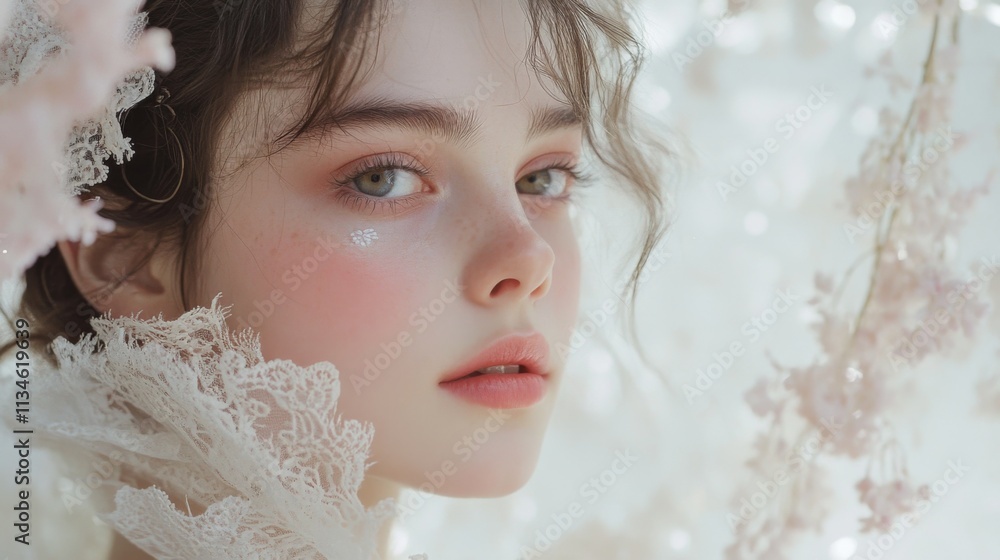 Elegant portrait of a young woman with soft features and flowers Elegant portrait of a young woman with soft features and flowers
