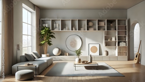 Minimalist Living Room: Serene Neutrals and Built-In Shelving.