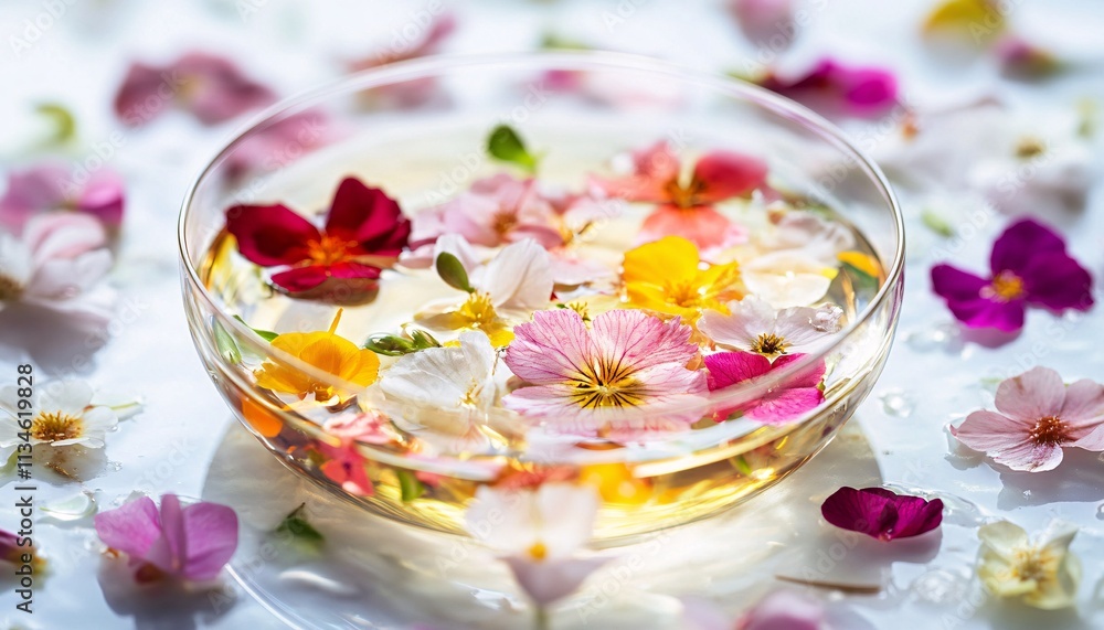 Petri dish showcasing an innovative blend of oils and flower petals for skincare research exploration. Petri dish showcasing an innovative blend of oils and flower petals for skincare research exploration.