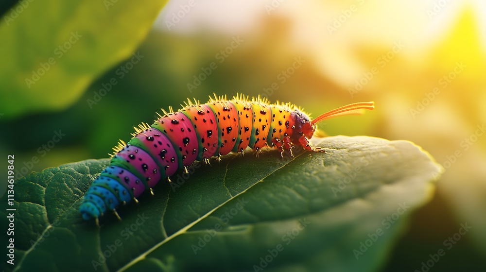 Fototapeta premium Vibrantly Colored Caterpillar Feeding on Juicy Fruit with Sunlight Glimmering Through Lush Green Leaves in a Beautiful Natural Setting