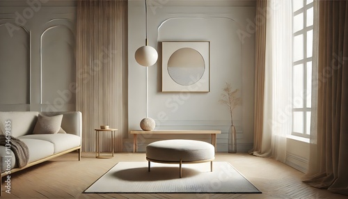 Serene Modern Living Room: Neutral Tones and Geometric Accents.