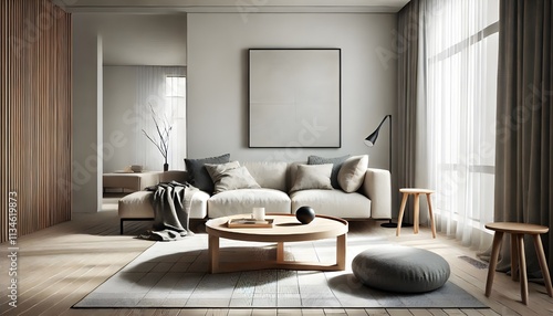 Neutral Modern Living Room with Cream Sofa and Natural Wood Tones.