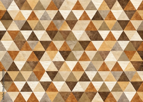 Aerial view of a contemporary mid-century modern wallpaper pattern featuring stacked triangles in a geometric design, showcasing a warm beige and brown earth tones color palette for stylish interiors.