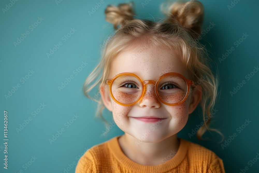 Portrait of smiling preschool girl wearing round glasses and yellow sweater on turquoise background Portrait of smiling preschool girl wearing round glasses and yellow sweater on turquoise background