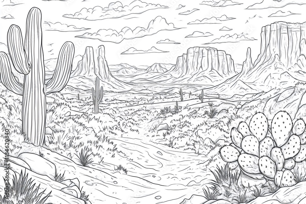 Fototapeta premium Black and white line art illustration of a desert landscape featuring cacti, rocks, mountains, and clouds, ideal for coloring books or activities