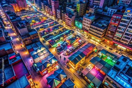 Aerial View of a Cyberpunk Futuristic Dystopian City Street with Shops, Stores, and Markets in an Urban Downtown Plaza Filled with Neon Lights and Sci-Fi Elements