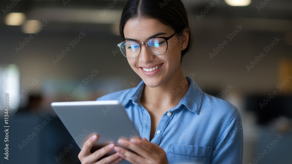 Fototapeta premium A young Hispanic woman with glasses smiles while using a tablet in a modern office environment.