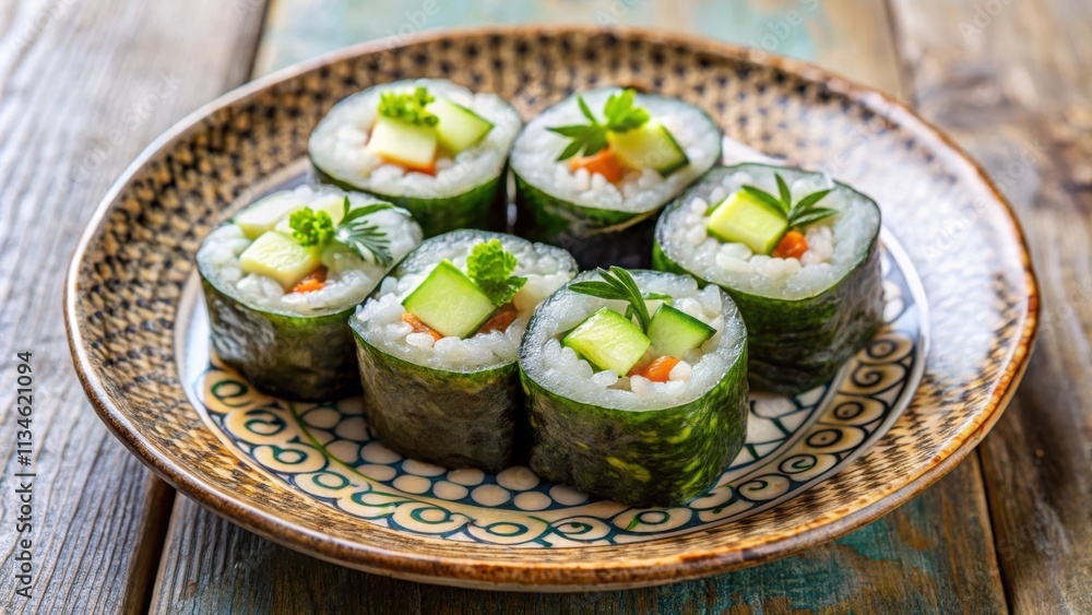 Six pieces of cucumber maki sushi on a decorative plate, cucumber, maki, sushi, Japanese, food, cuisine, rolls, green, healthy Six pieces of cucumber maki sushi on a decorative plate, cucumber, maki, sushi, Japanese, food, cuisine, rolls, green, healthy