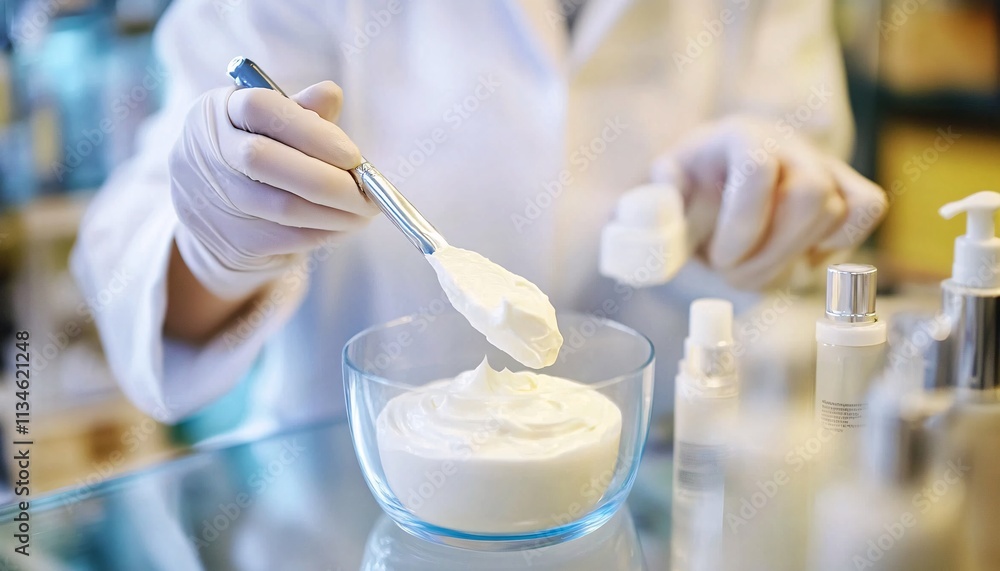 Skincare scientist meticulously blending a cream with precision, showcasing innovative skincare research practices in a laboratory setting. Skincare scientist meticulously blending a cream with precision, showcasing innovative skincare research practices in a laboratory setting.