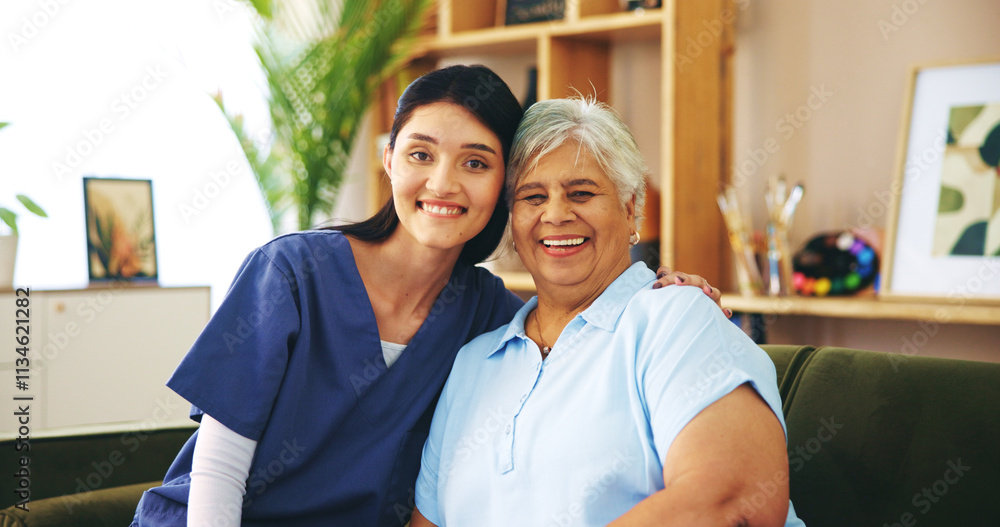 Obraz premium Nurse, elderly woman and portrait with happiness in lounge for medicine, trust and assisted living. Senior person, caregiver and smile in retirement or nursing home for health, wellness and pensioner