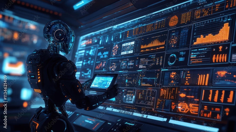 Futuristic robot analyzing data on a large screen in a high-tech control room. Futuristic robot analyzing data on a large screen in a high-tech control room.
