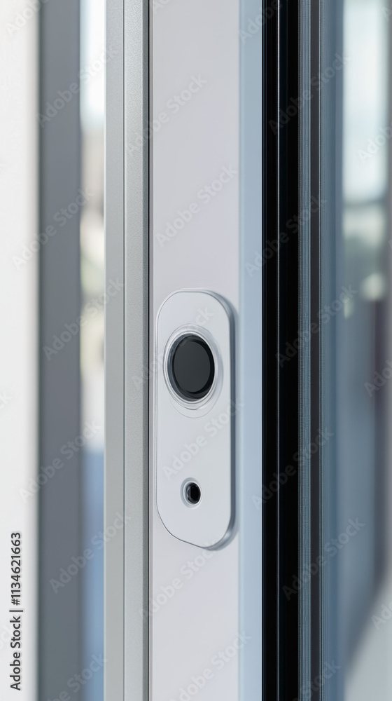 Smart Door Alarm System: White Plate, Modern Design, Close-up Smart Door Alarm System: White Plate, Modern Design, Close-up
