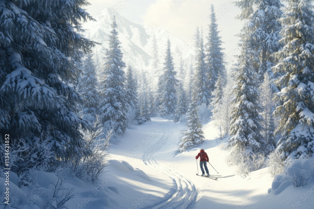 Cross-country skier in snowy forest, serene winter landscape Cross-country skier in snowy forest, serene winter landscape