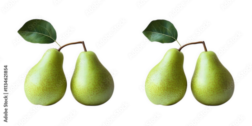 Obraz premium Two Pairs of Green Pears With Leaves Isolated, on transparent background , png
