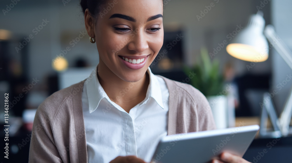 A smiling Black woman in a beige cardigan enjoys browsing on her tablet in a modern office, surrounded by natural light and greenery. A smiling Black woman in a beige cardigan enjoys browsing on her tablet in a modern office, surrounded by natural light and greenery.