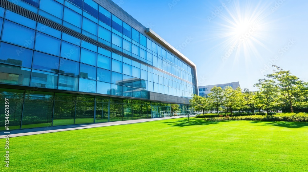 Naklejka premium Bright Modern Office Building with Glass Facade and Lush Green Lawn on a Sunny Day, Showcasing Contemporary Architecture and Natural Landscaping