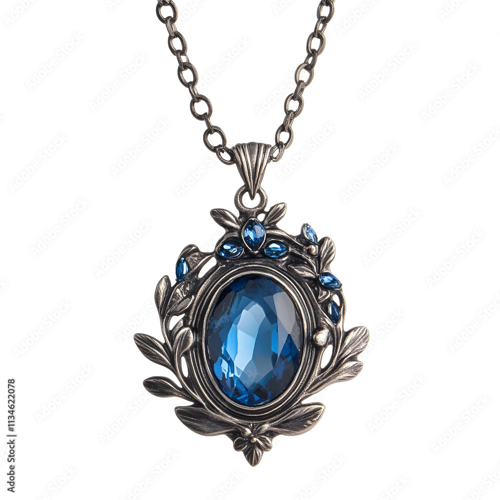 Silver Chain Necklace with Blue Gemstone Pendant Silver Chain Necklace with Blue Gemstone Pendant