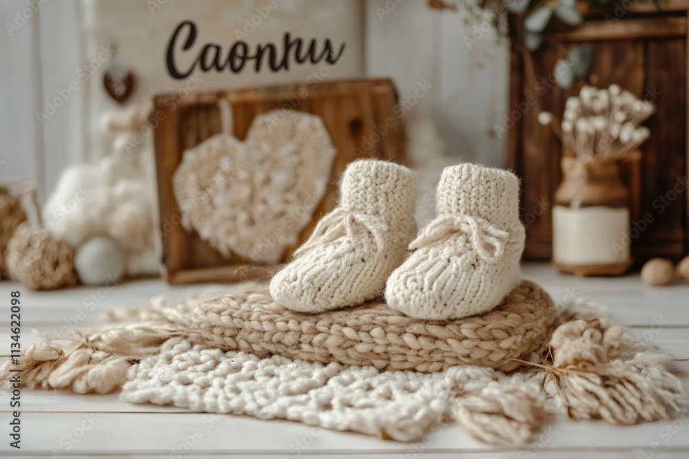 Adorable knitted baby booties resting on rustic decor, waiting for little feet Adorable knitted baby booties resting on rustic decor, waiting for little feet