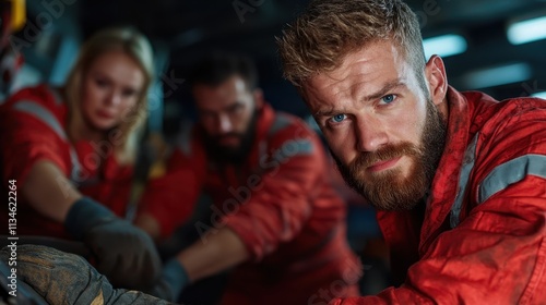 A focused worker in red overalls surrounded by colleagues is engaged in a task in an industrial setting, portraying teamwork and concentration. photo