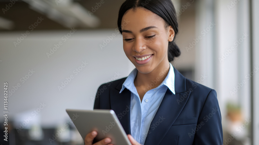 Smiling young Black woman in a business suit using a tablet in a modern office setting, exuding professionalism and confidence. Smiling young Black woman in a business suit using a tablet in a modern office setting, exuding professionalism and confidence.