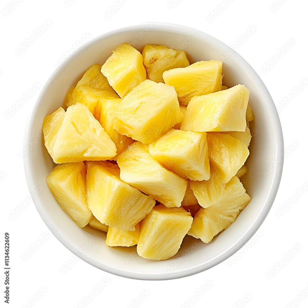 Freshly Cut Pineapple Chunks in White Bowl Freshly Cut Pineapple Chunks in White Bowl