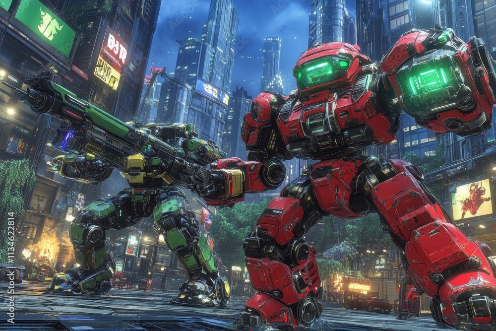 Giant Robots Clashing in Futuristic Cityscape Giant Robots Clashing in Futuristic Cityscape