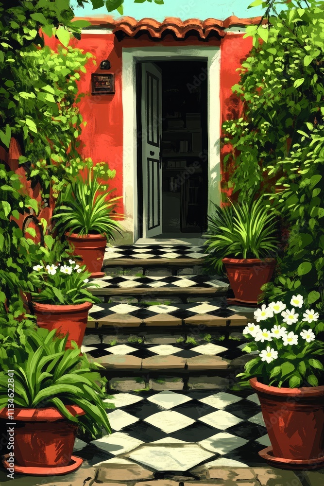 Red building doorway steps potted plants flowers Red building doorway steps potted plants flowers
