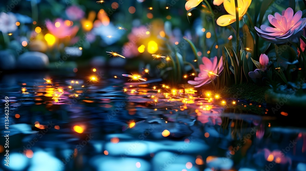 Obraz premium magical firefly night pond, fantasy flowers - fantasy art