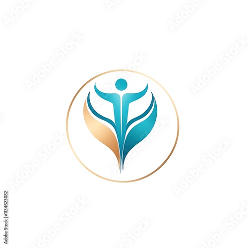 Abstract Wellness Logo: A minimalist and stylized logo featuring a blue silhouette of a person with outstretched arms within two golden-green leaves, signifying growth, health, and vitality.