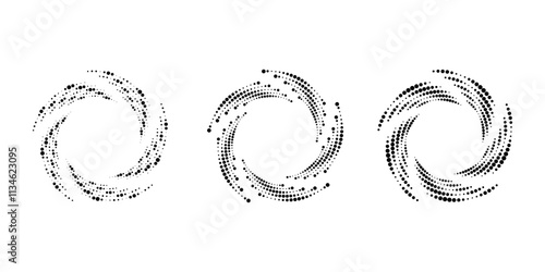 Set of dotted vortex shapes. Circle form. Geometric art. Trendy design element for logo, tattoo, sign, symbol, web, prints, posters, social media, template, pattern, abstract backdrop