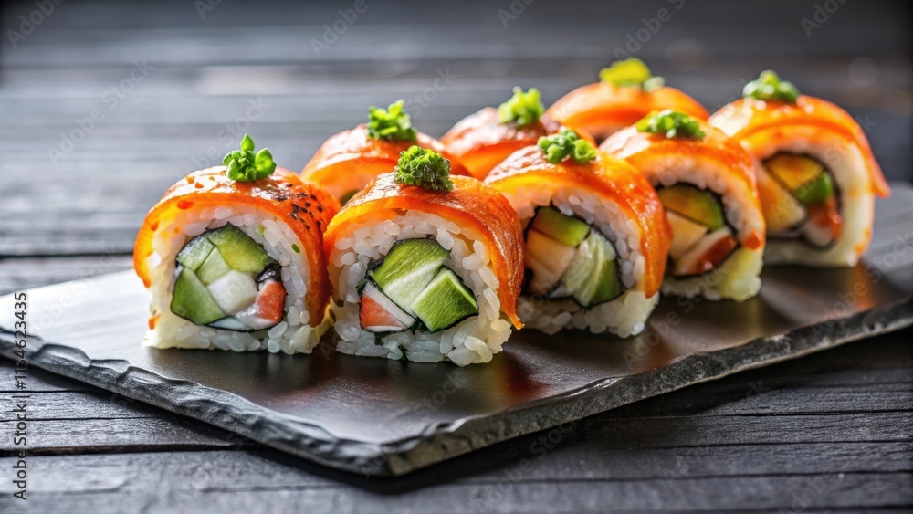 Sushi rolls beautifully presented on a slate plate , Japanese cuisine, food photography, gourmet, sushi chef Sushi rolls beautifully presented on a slate plate , Japanese cuisine, food photography, gourmet, sushi chef
