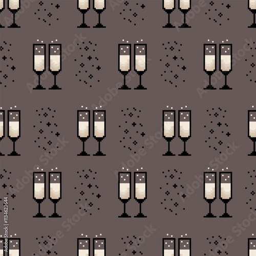 Seamless pattern with champagne glasses pixel icon, 8 bit, retro style. Perfect for wrapping paper, textiles, holiday decor. .Vector