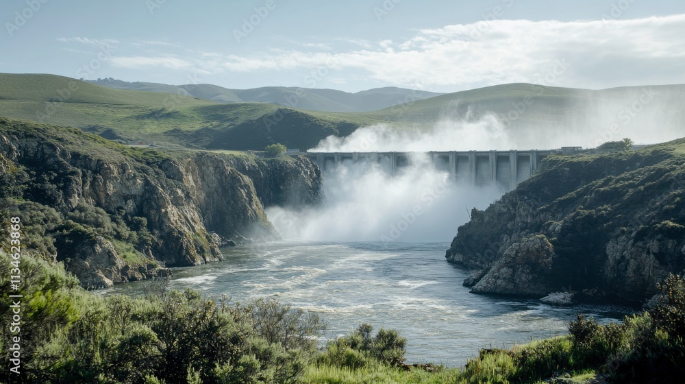 Surging Hydroelectric Dam in Lush Landscape Surging Hydroelectric Dam in Lush Landscape