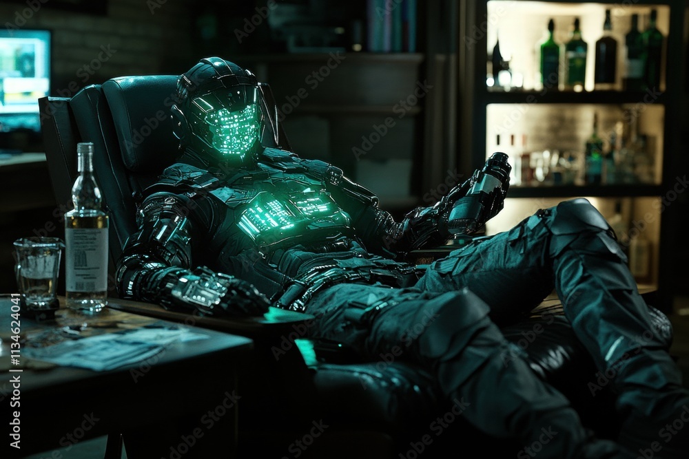 Cyberpunk Robot Relaxing with Whiskey Cyberpunk Robot Relaxing with Whiskey
