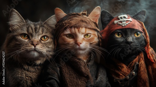 Three cats in pirate-themes stand fiercely together, wearing detailed clothing and hats, set against a smoky backdrop that complements their adventurous demeanor. photo