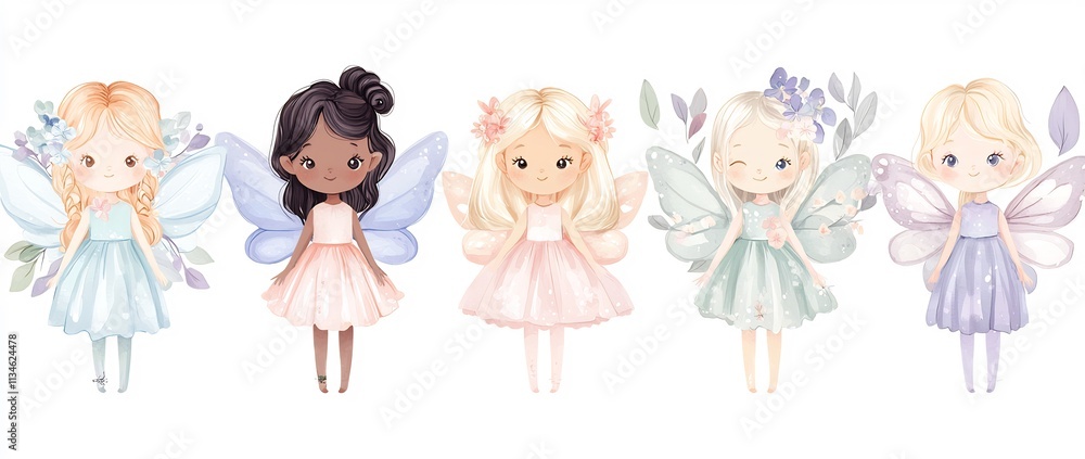 Enchanting Fairy Girls in Vibrant Floral Dresses and Whimsical Wings Enchanting Fairy Girls in Vibrant Floral Dresses and Whimsical Wings