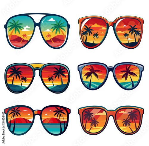 Sun Glasses With Tropical Beach Reflection vector illustration