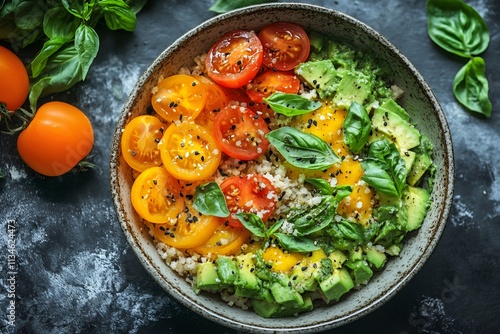 Healthy vegan buddha bowl with quinoa, tomatoes, avocado, mango, spices and basil