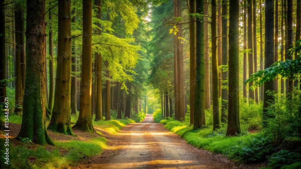Fototapeta premium Serene forest path surrounded by tall trees, nature, tranquil, peaceful, walkway, relaxation, calming, trees, greenery