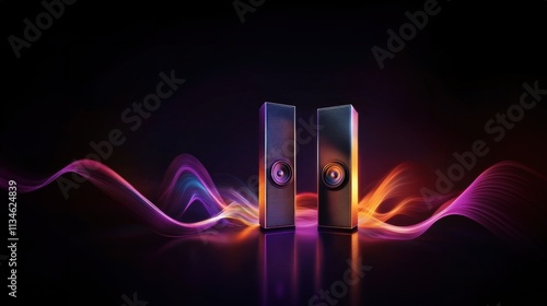 Two tall speakers surrounded by sound waves on a vibrant digital background, music session posters, DJ themes, speaker visuals photo