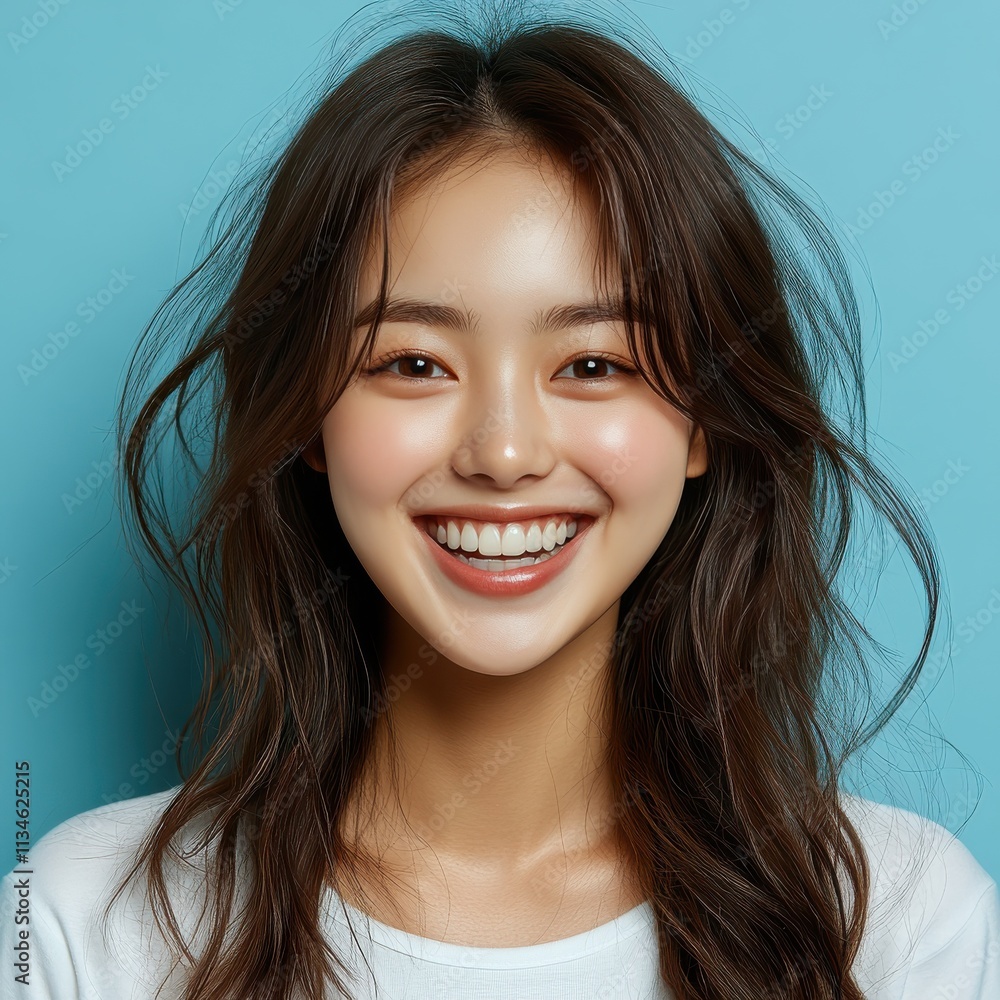Asian woman smiling and wearing a t-shirt in studio color background Asian woman smiling and wearing a t-shirt in studio color background