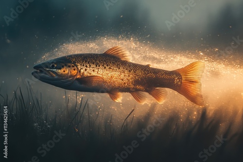 Brown trout swimming in a river at sunset over seagrass photo