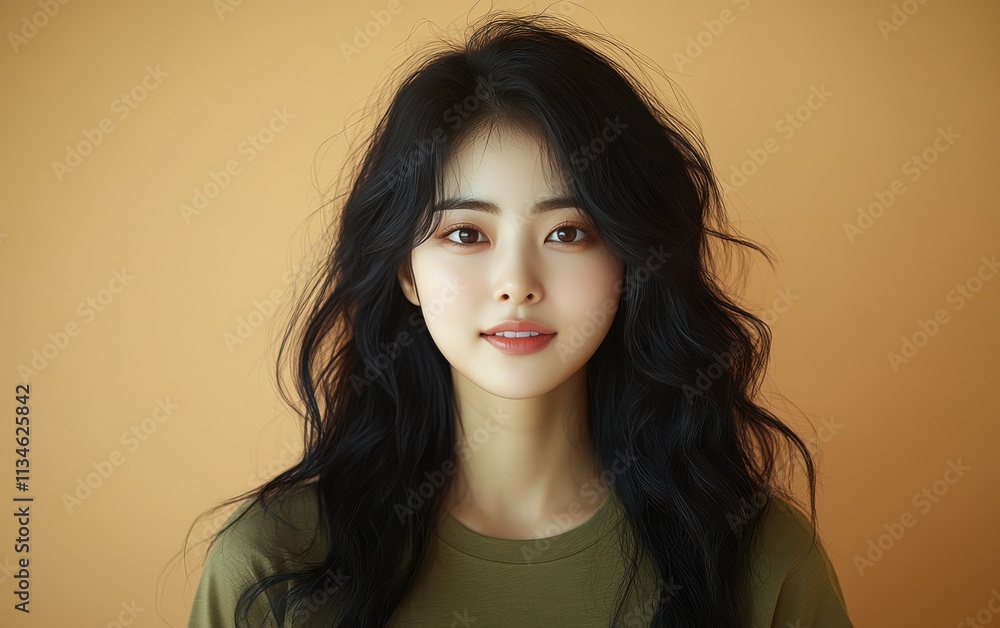 Asian woman smiling and wearing a t-shirt in studio color background Asian woman smiling and wearing a t-shirt in studio color background