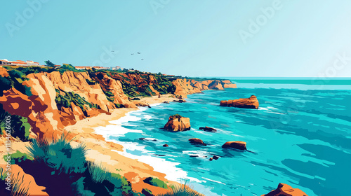 Illustration, typical landscape of the algarve region in Portugal, touristic advertisement poster. Promotional poster for tourist destination, wonderful Algarve region.