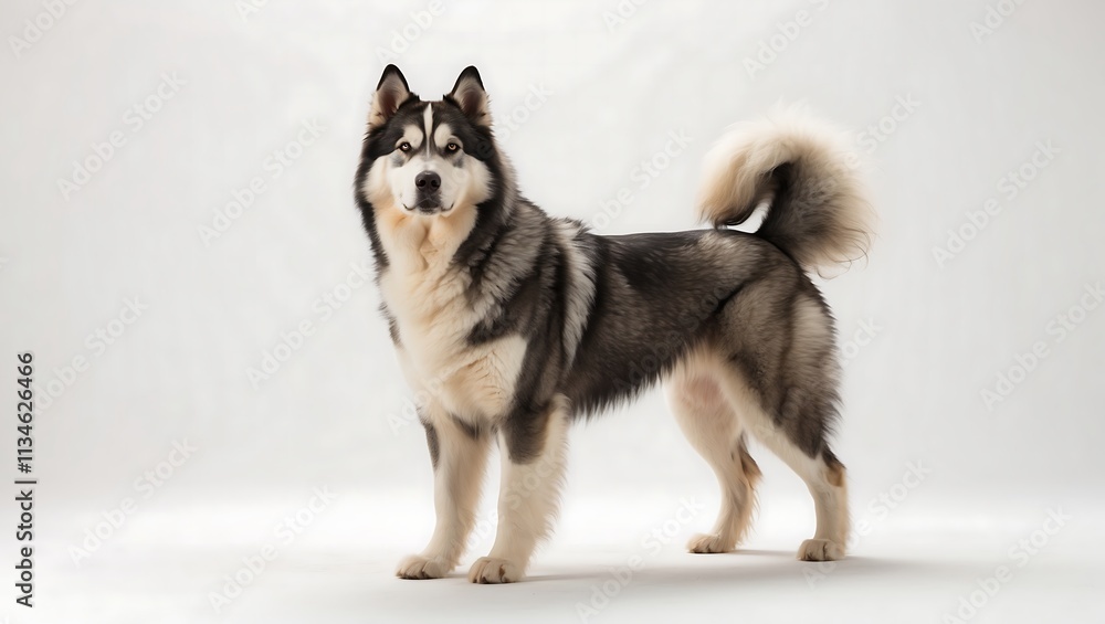 A majestic dog stands elegantly against a neutral background, showcasing its fluffy coat. A majestic dog stands elegantly against a neutral background, showcasing its fluffy coat.